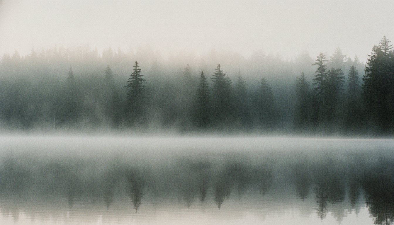 Fog lifting off a still lake at dawn