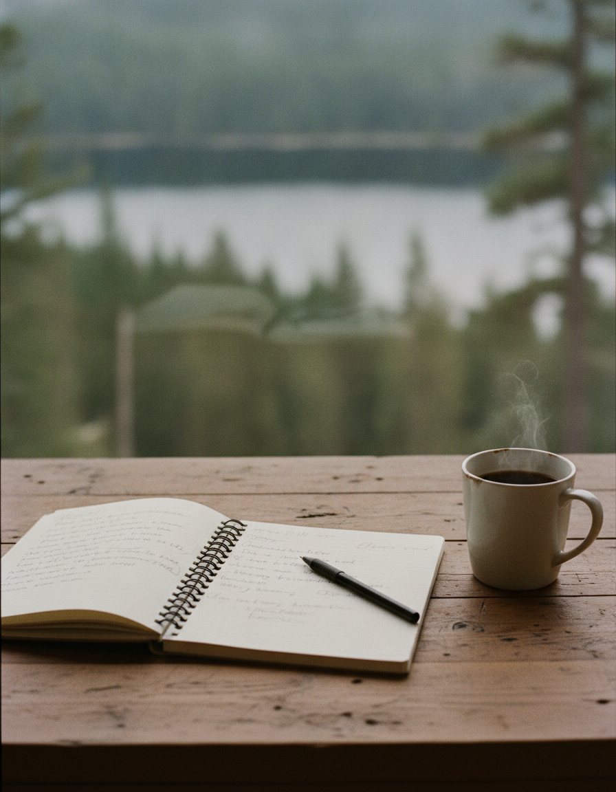 Early morning, notebook and coffee